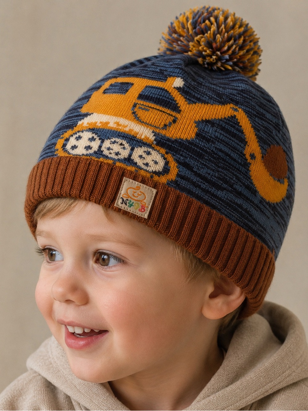 Children's Blue & Brown Excavator Pom-Pom Beanie Hat -